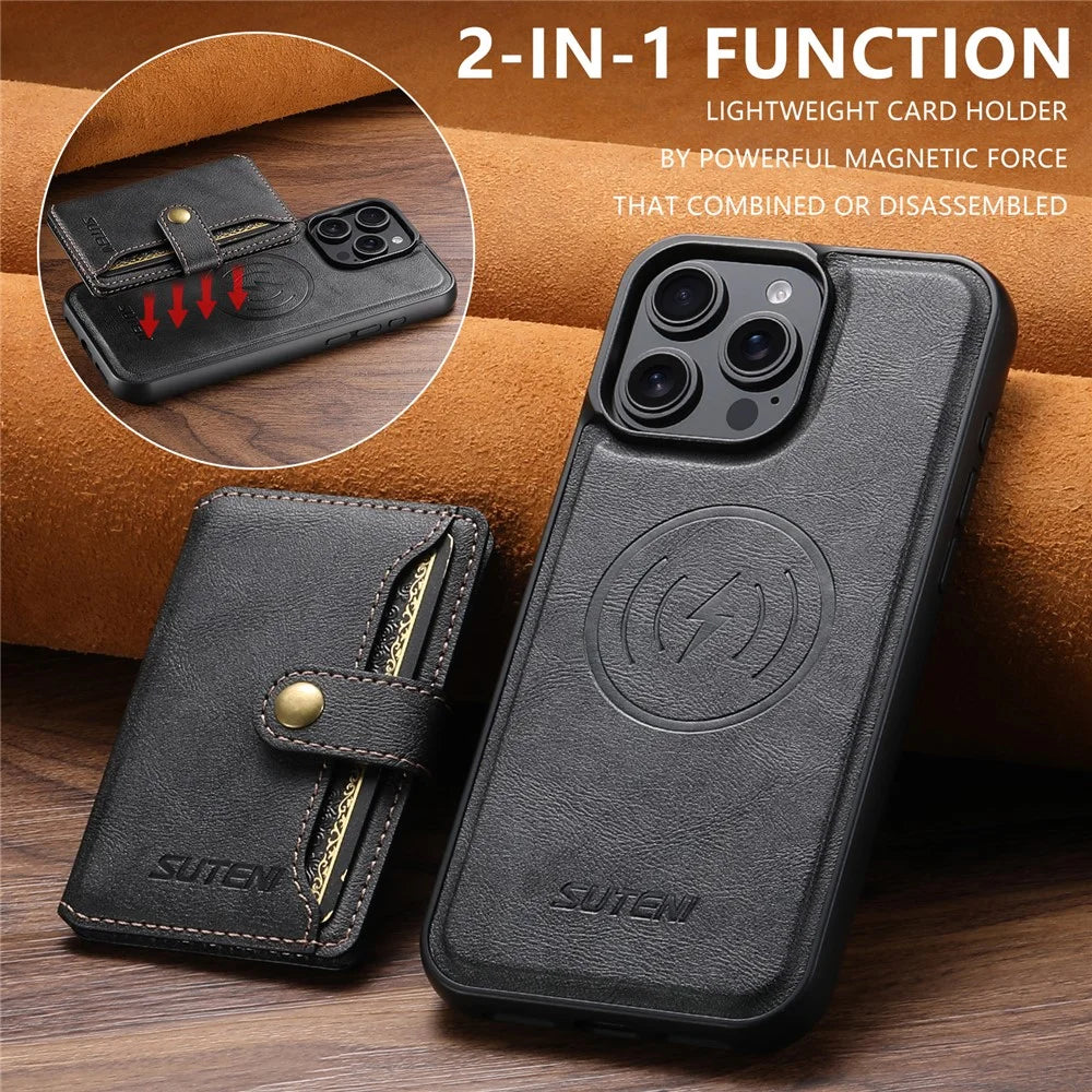 SUTENI M4 For iPhone 13 Pro Max Magnetic Case with Card Holder Cowhide Texture Leather Back Cover - Black - 6