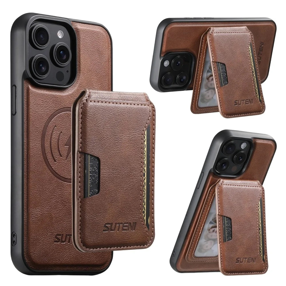 SUTENI M3 For iPhone 15 Pro Max Magnetic Case Cowhide Texture Leather Back Cover with Card Bag Kickstand - Brown - 1