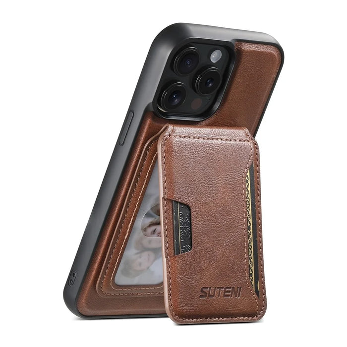 SUTENI M3 For iPhone 15 Pro Max Magnetic Case Cowhide Texture Leather Back Cover with Card Bag Kickstand - Brown - 3