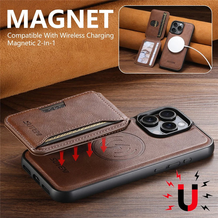 SUTENI M3 For iPhone 15 Pro Max Magnetic Case Cowhide Texture Leather Back Cover with Card Bag Kickstand - Brown - 6