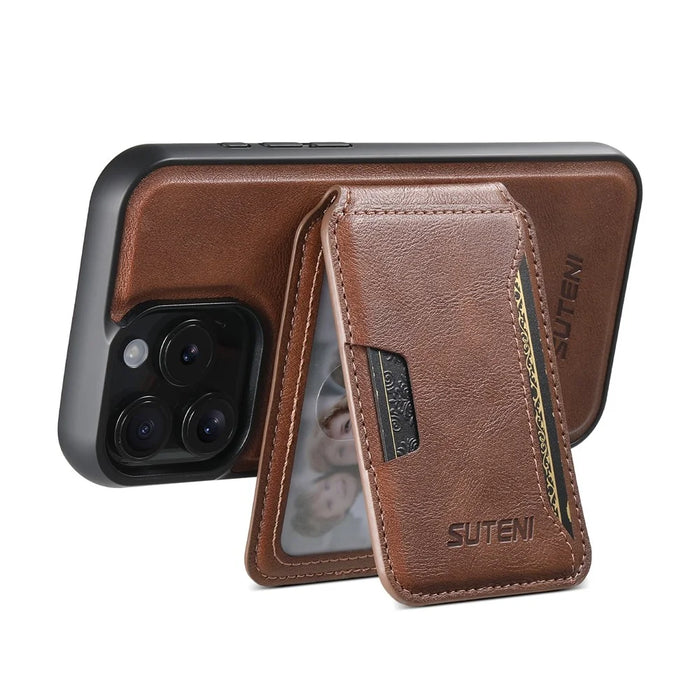 SUTENI M3 For iPhone 15 Pro Magnetic Case Cowhide Texture Leather Back Cover with Card Bag Kickstand - Brown - 2