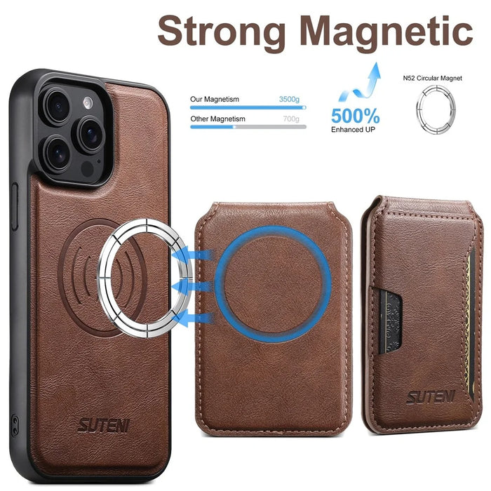 SUTENI M3 For iPhone 15 Pro Magnetic Case Cowhide Texture Leather Back Cover with Card Bag Kickstand - Brown - 4