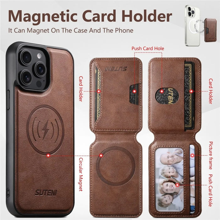 SUTENI M3 For iPhone 15 Pro Magnetic Case Cowhide Texture Leather Back Cover with Card Bag Kickstand - Brown - 5