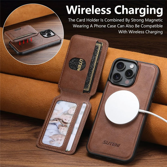 SUTENI M3 For iPhone 15 Pro Magnetic Case Cowhide Texture Leather Back Cover with Card Bag Kickstand - Brown - 7