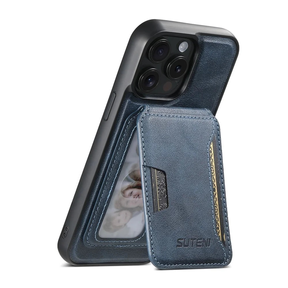 SUTENI M3 For iPhone 14 Pro Max Magnetic Case Cowhide Texture Leather Back Cover with Card Bag Kickstand - Blue - 3