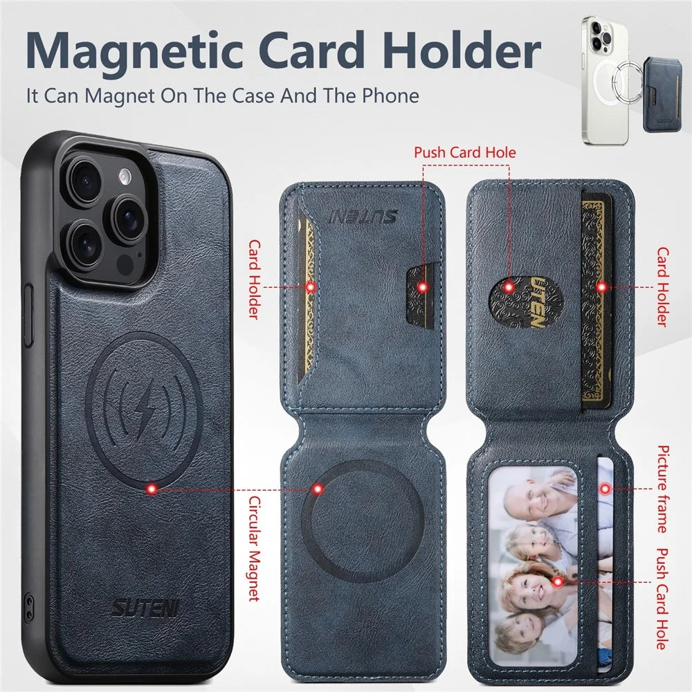 SUTENI M3 For iPhone 14 Pro Max Magnetic Case Cowhide Texture Leather Back Cover with Card Bag Kickstand - Blue - 5