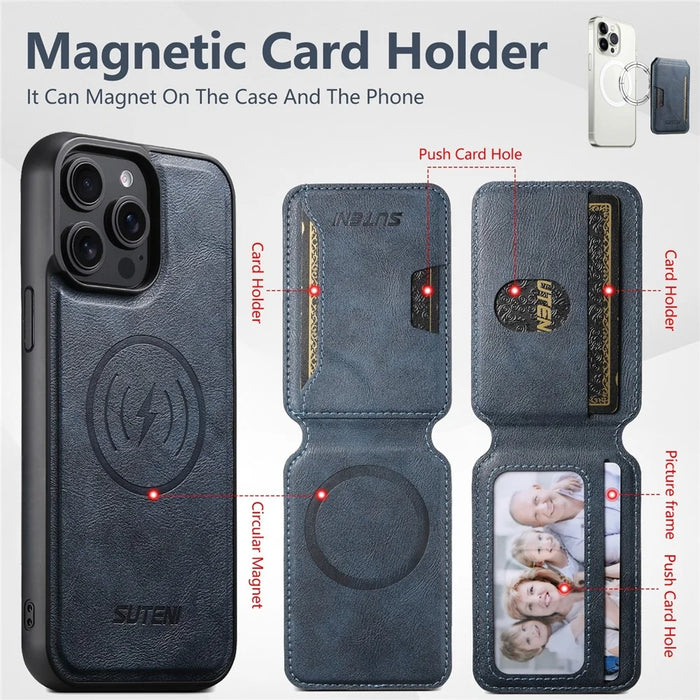 SUTENI M3 For iPhone 14 Pro Max Magnetic Case Cowhide Texture Leather Back Cover with Card Bag Kickstand - Blue - 5