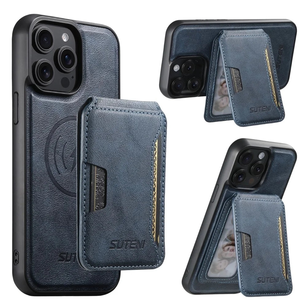 SUTENI M3 For iPhone 14 Pro Magnetic Case Cowhide Texture Leather Back Cover with Card Bag Kickstand - Blue - 1