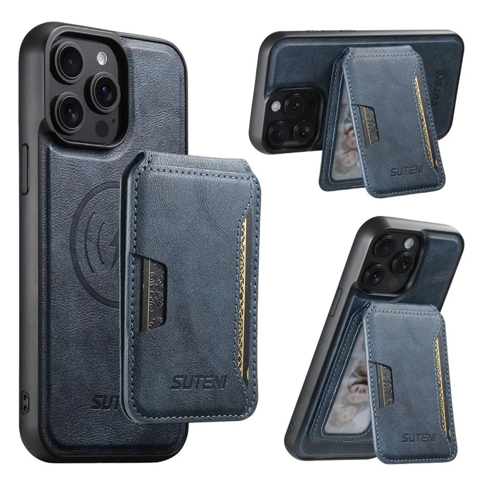 SUTENI M3 For iPhone 14 Pro Magnetic Case Cowhide Texture Leather Back Cover with Card Bag Kickstand - Blue - 1