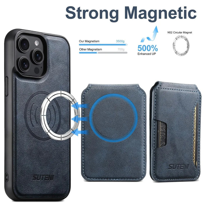 SUTENI M3 For iPhone 14 Pro Magnetic Case Cowhide Texture Leather Back Cover with Card Bag Kickstand - Blue - 4