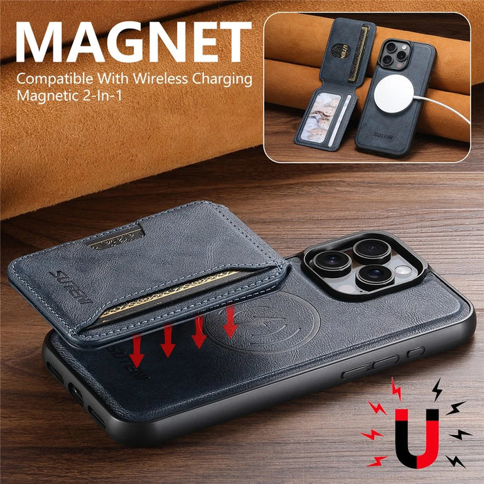 SUTENI M3 For iPhone 14 Pro Magnetic Case Cowhide Texture Leather Back Cover with Card Bag Kickstand - Blue - 6