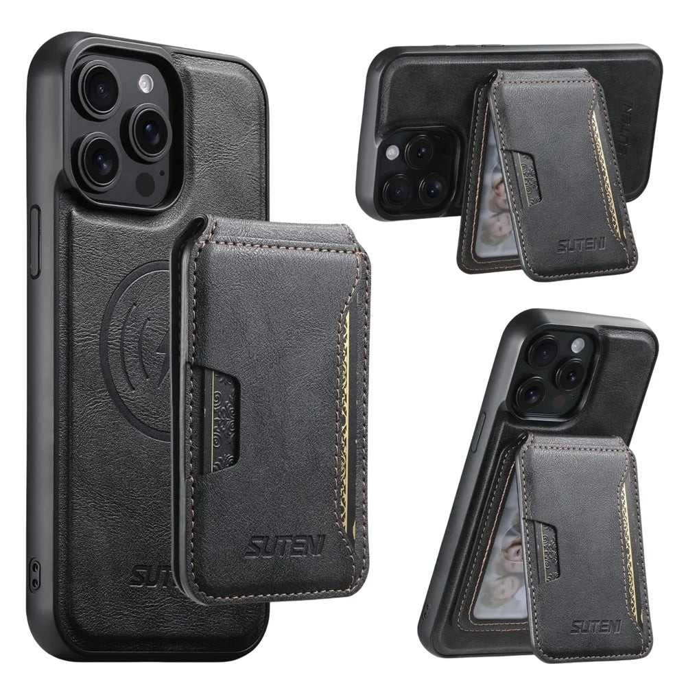SUTENI M3 For iPhone 13 Pro Max Magnetic Case Cowhide Texture Leather Back Cover with Card Bag Kickstand - Black - 1