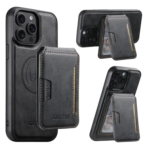 SUTENI M3 For iPhone 13 Pro Max Magnetic Case Cowhide Texture Leather Back Cover with Card Bag Kickstand - Black - 1