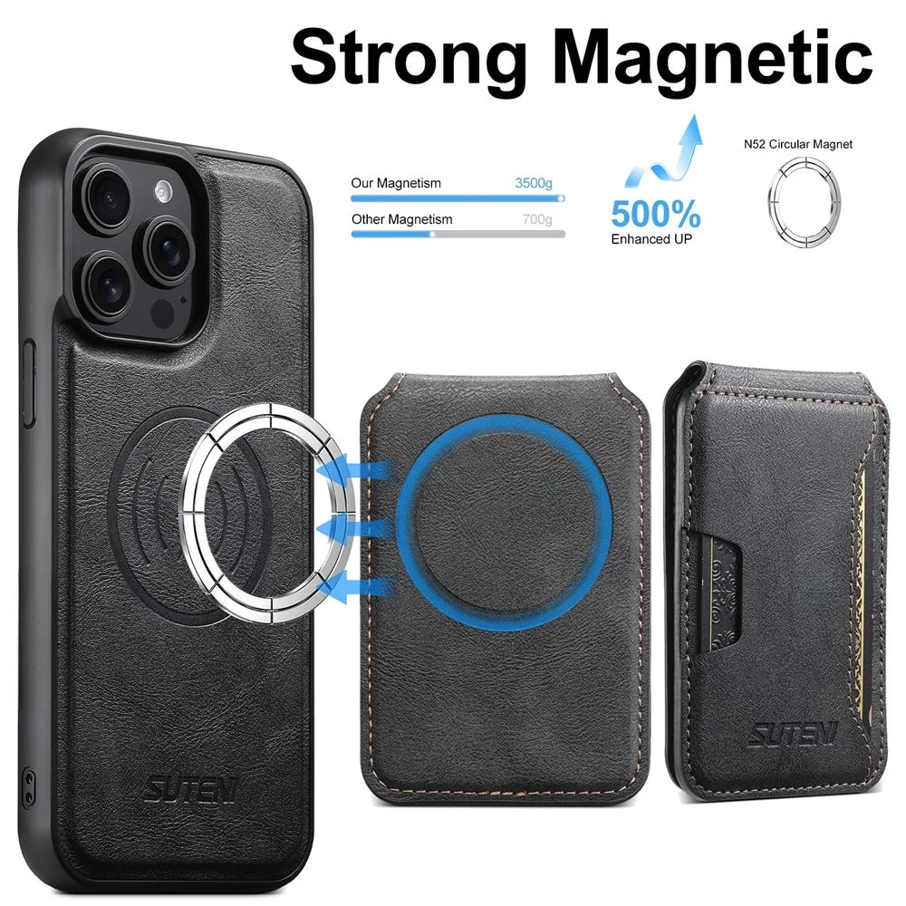 SUTENI M3 For iPhone 13 Pro Max Magnetic Case Cowhide Texture Leather Back Cover with Card Bag Kickstand - Black - 4
