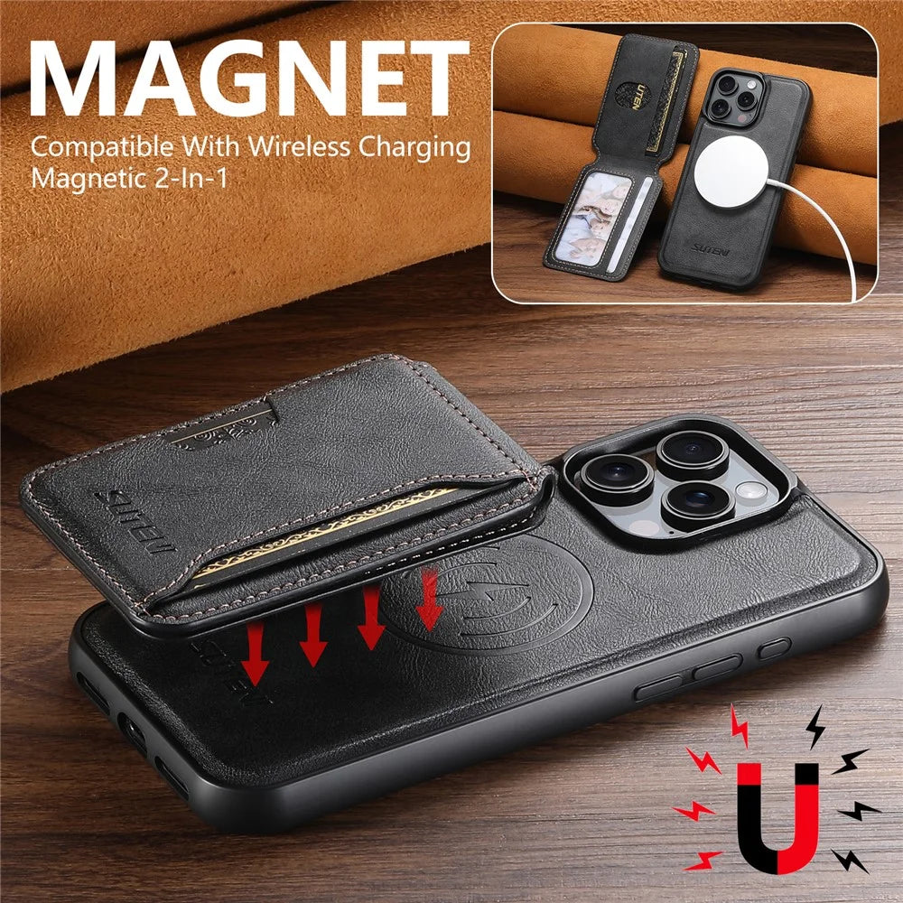 SUTENI M3 For iPhone 13 Pro Max Magnetic Case Cowhide Texture Leather Back Cover with Card Bag Kickstand - Black - 6