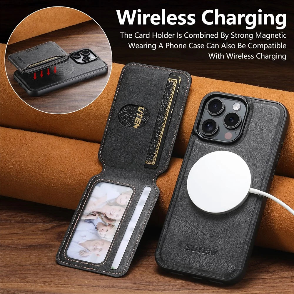SUTENI M3 For iPhone 13 Pro Max Magnetic Case Cowhide Texture Leather Back Cover with Card Bag Kickstand - Black - 7