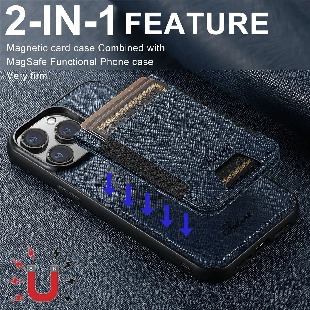 SUTENI H17 For iPhone 15 Pro Magnetic Case Cross Texture Leather Phone Back Cover with Detachable Card Bag - Blue - 4
