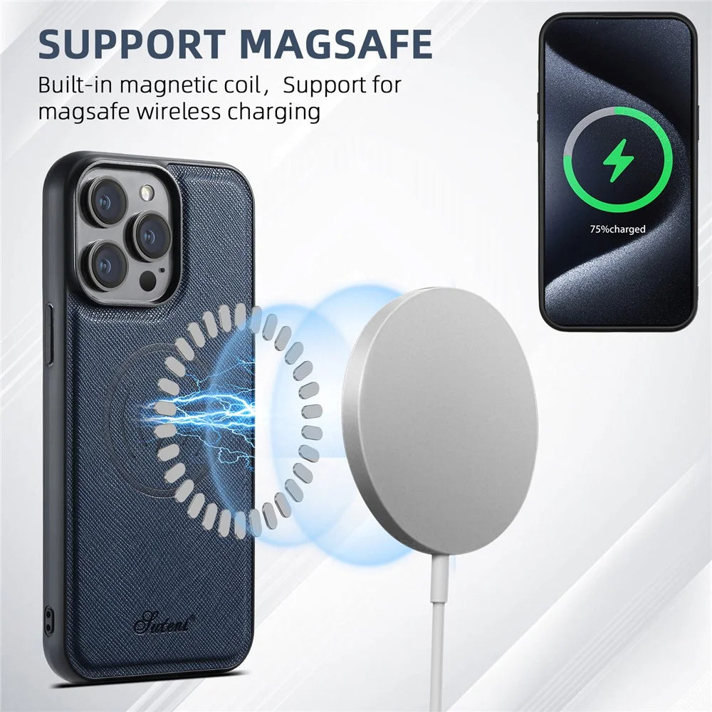 SUTENI H17 For iPhone 15 Pro Magnetic Case Cross Texture Leather Phone Back Cover with Detachable Card Bag - Blue - 7