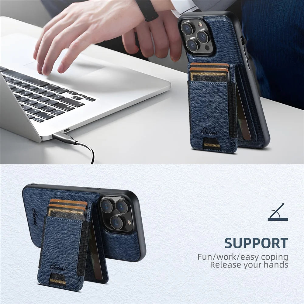 SUTENI H17 For iPhone 15 Pro Max Magnetic Case Cross Texture Leather Phone Back Cover with Detachable Card Bag - Blue - 6