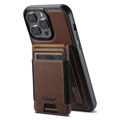 SUTENI H17 For iPhone 14 Pro Magnetic Case Cross Texture Leather Phone Back Cover with Detachable Card Bag - Brown - 1