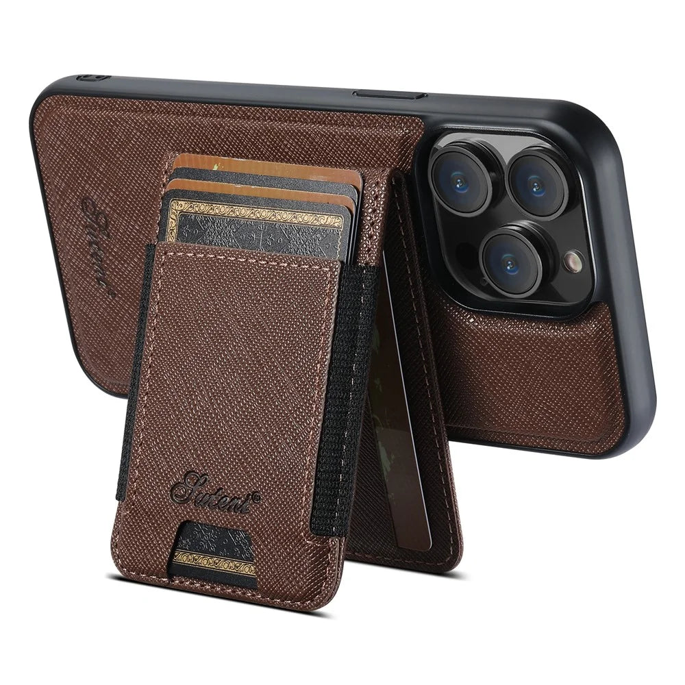 SUTENI H17 For iPhone 14 Pro Max Magnetic Case Cross Texture Leather Phone Back Cover with Detachable Card Bag - Brown - 2