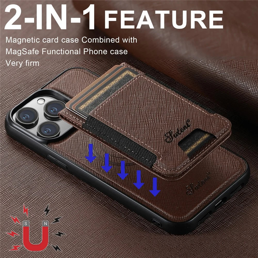 SUTENI H17 For iPhone 14 Pro Max Magnetic Case Cross Texture Leather Phone Back Cover with Detachable Card Bag - Brown - 4