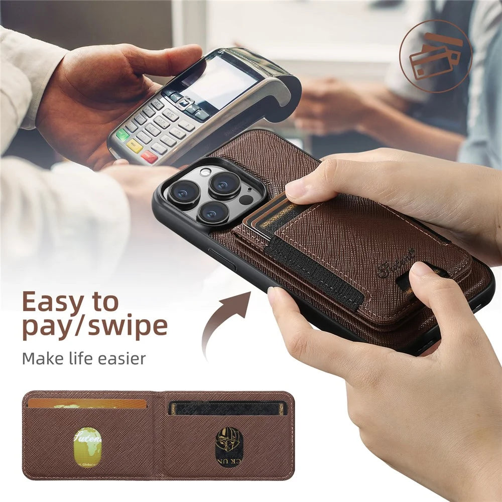 SUTENI H17 For iPhone 14 Pro Max Magnetic Case Cross Texture Leather Phone Back Cover with Detachable Card Bag - Brown - 5