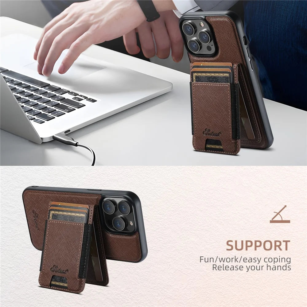 SUTENI H17 For iPhone 14 Pro Max Magnetic Case Cross Texture Leather Phone Back Cover with Detachable Card Bag - Brown - 6