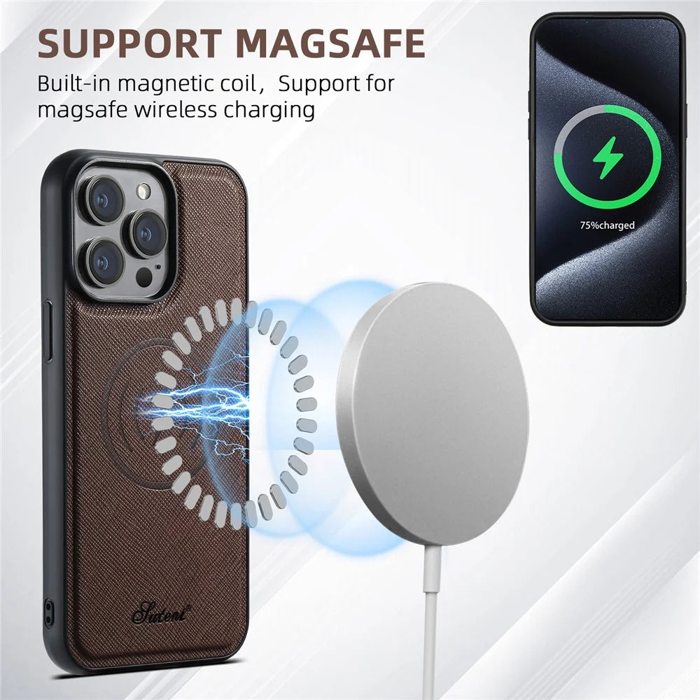 SUTENI H17 For iPhone 14 Pro Max Magnetic Case Cross Texture Leather Phone Back Cover with Detachable Card Bag - Brown - 7