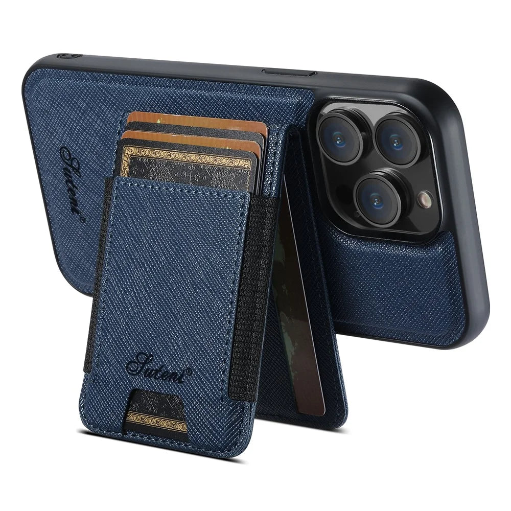 SUTENI H17 For iPhone 13 Pro Magnetic Case Cross Texture Leather Phone Back Cover with Detachable Card Bag - Blue - 2