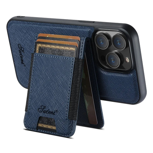 SUTENI H17 For iPhone 13 Pro Magnetic Case Cross Texture Leather Phone Back Cover with Detachable Card Bag - Blue - 2