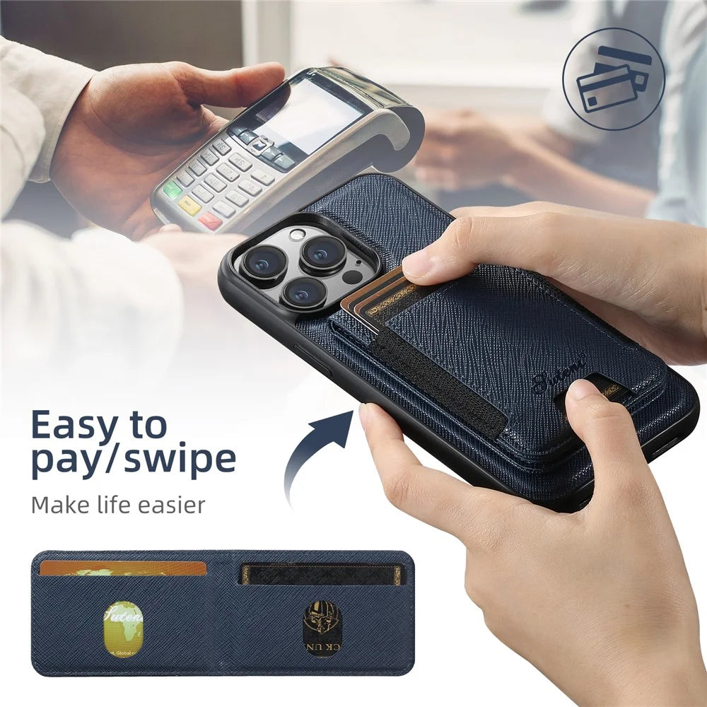 SUTENI H17 For iPhone 13 Pro Max Magnetic Case Cross Texture Leather Phone Back Cover with Detachable Card Bag - Blue - 5