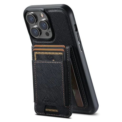 SUTENI H17 For iPhone 12  /  12 Pro Magnetic Case Cross Texture Leather Phone Back Cover with Detachable Card Bag - Black - 1