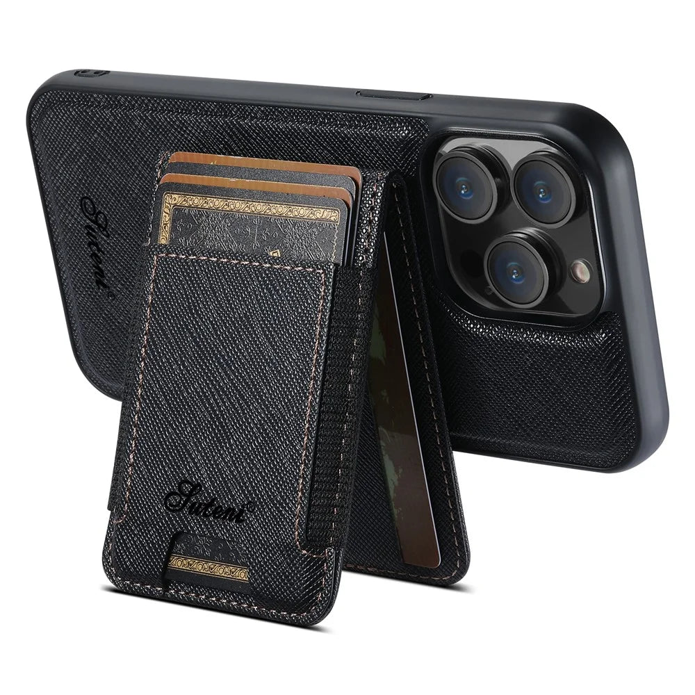 SUTENI H17 For iPhone 12  /  12 Pro Magnetic Case Cross Texture Leather Phone Back Cover with Detachable Card Bag - Black - 2