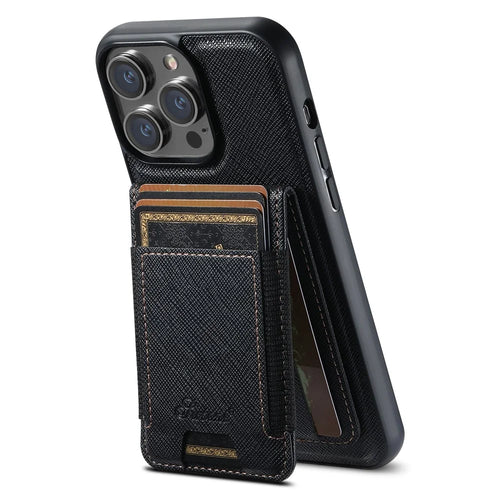SUTENI H17 For iPhone 12 Pro Max Magnetic Case Cross Texture Leather Phone Back Cover with Detachable Card Bag - Black - 1