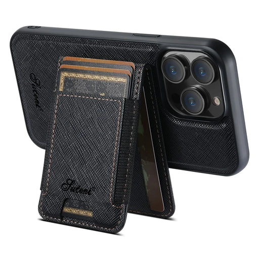 SUTENI H17 For iPhone 12 Pro Max Magnetic Case Cross Texture Leather Phone Back Cover with Detachable Card Bag - Black - 2