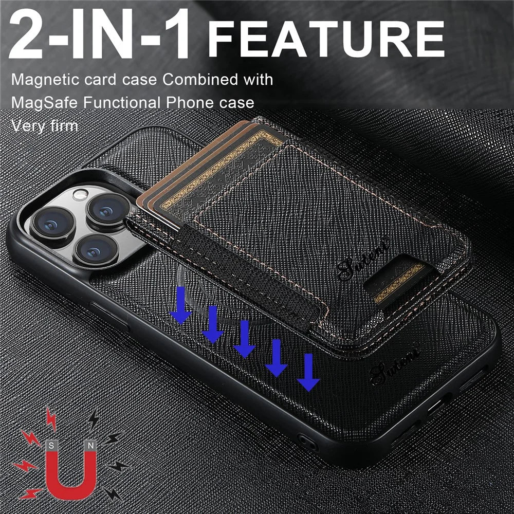 SUTENI H17 For iPhone 12 Pro Max Magnetic Case Cross Texture Leather Phone Back Cover with Detachable Card Bag - Black - 4