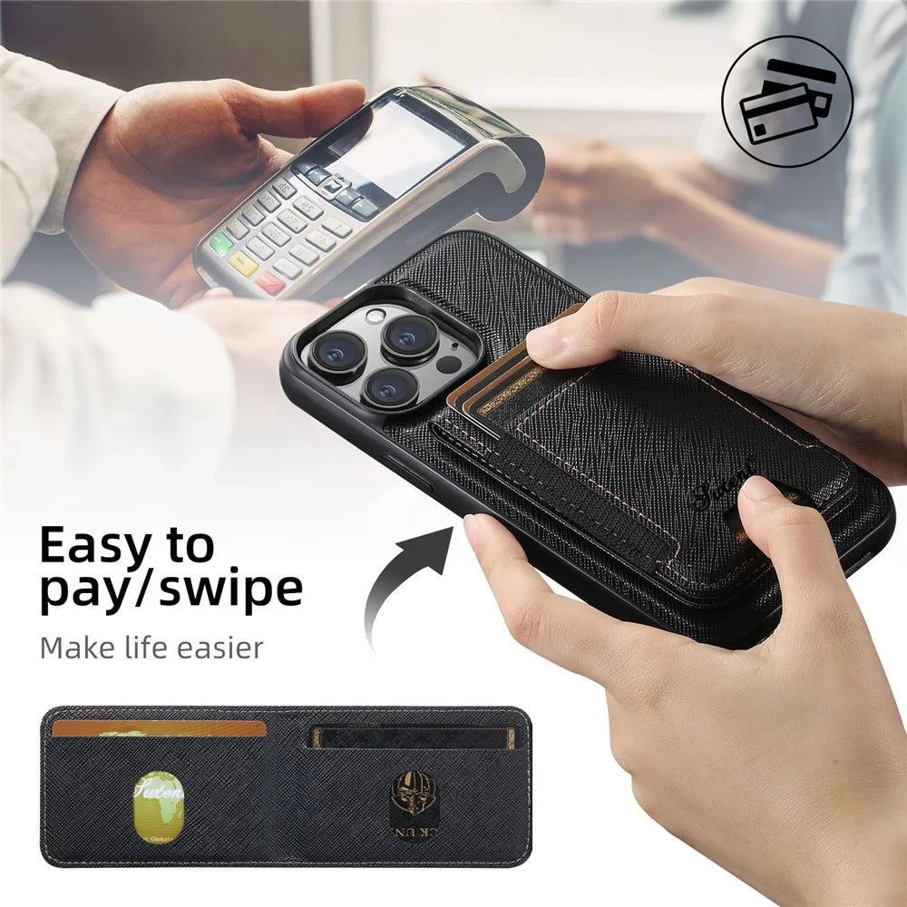 SUTENI H17 For iPhone 12 Pro Max Magnetic Case Cross Texture Leather Phone Back Cover with Detachable Card Bag - Black - 5