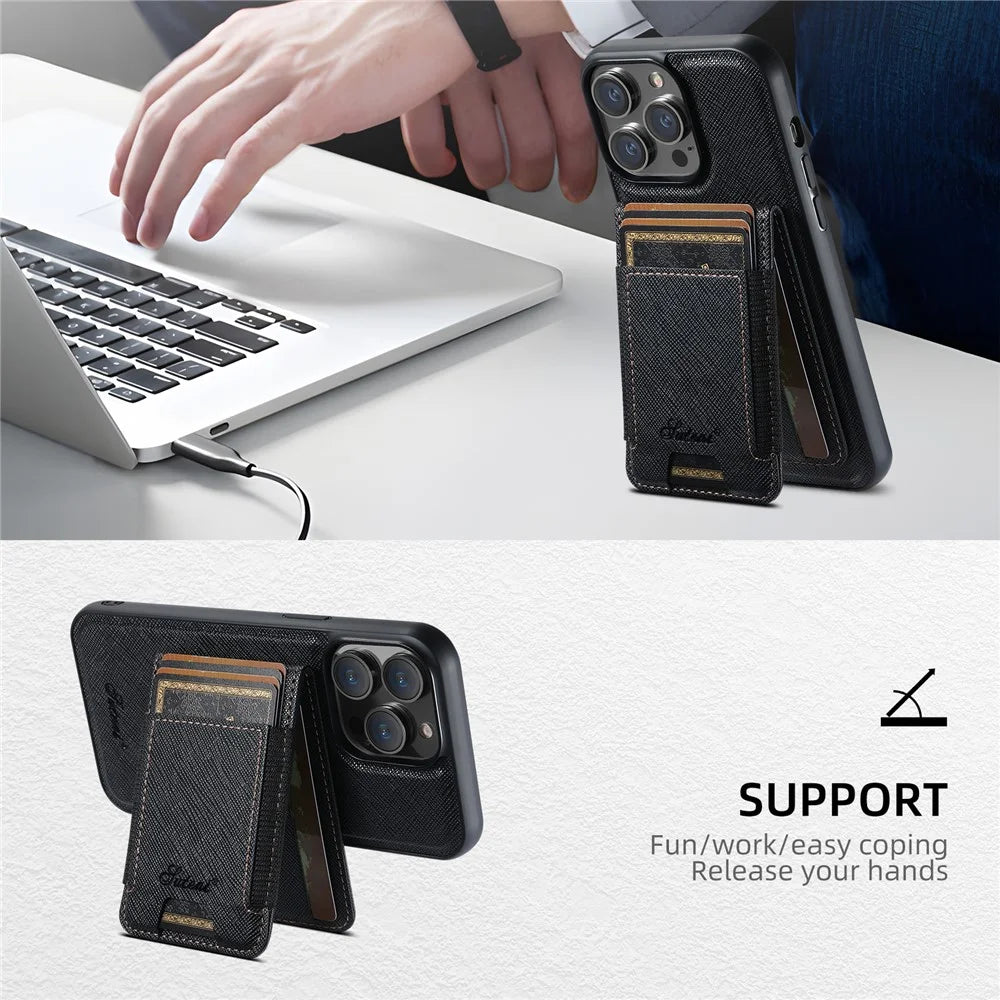 SUTENI H17 For iPhone 12 Pro Max Magnetic Case Cross Texture Leather Phone Back Cover with Detachable Card Bag - Black - 6
