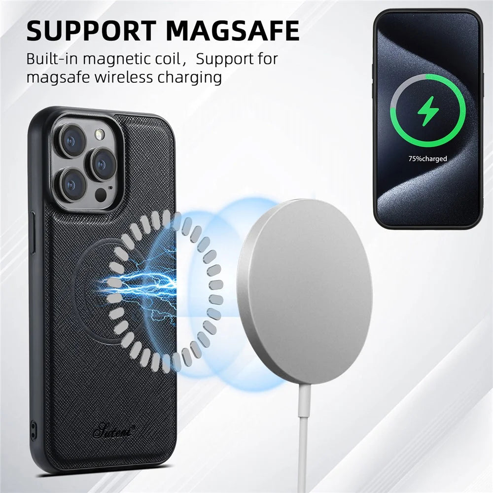 SUTENI H17 For iPhone 12 Pro Max Magnetic Case Cross Texture Leather Phone Back Cover with Detachable Card Bag - Black - 7