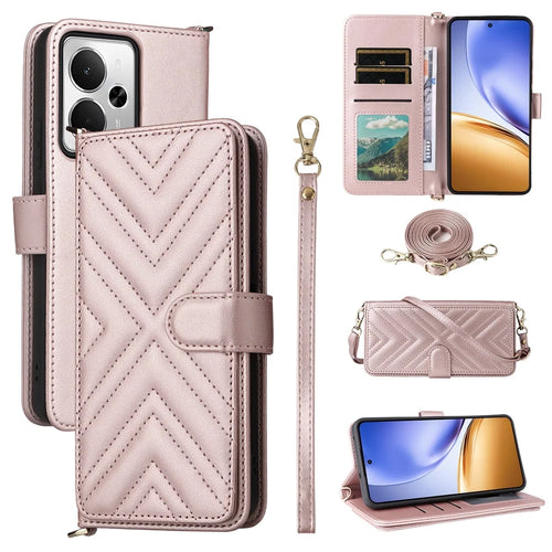 For Realme 14T 5G / 14 5G Case with Shoulder / Wrist Strap Leather Phone Cover Stand Wallet - Pink - 1