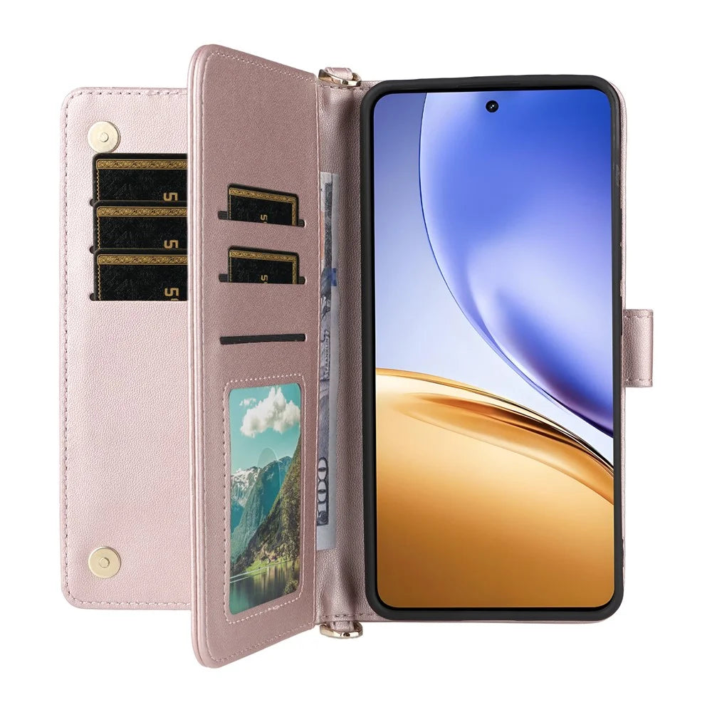 For Realme 14T 5G / 14 5G Case with Shoulder / Wrist Strap Leather Phone Cover Stand Wallet - Pink - 2