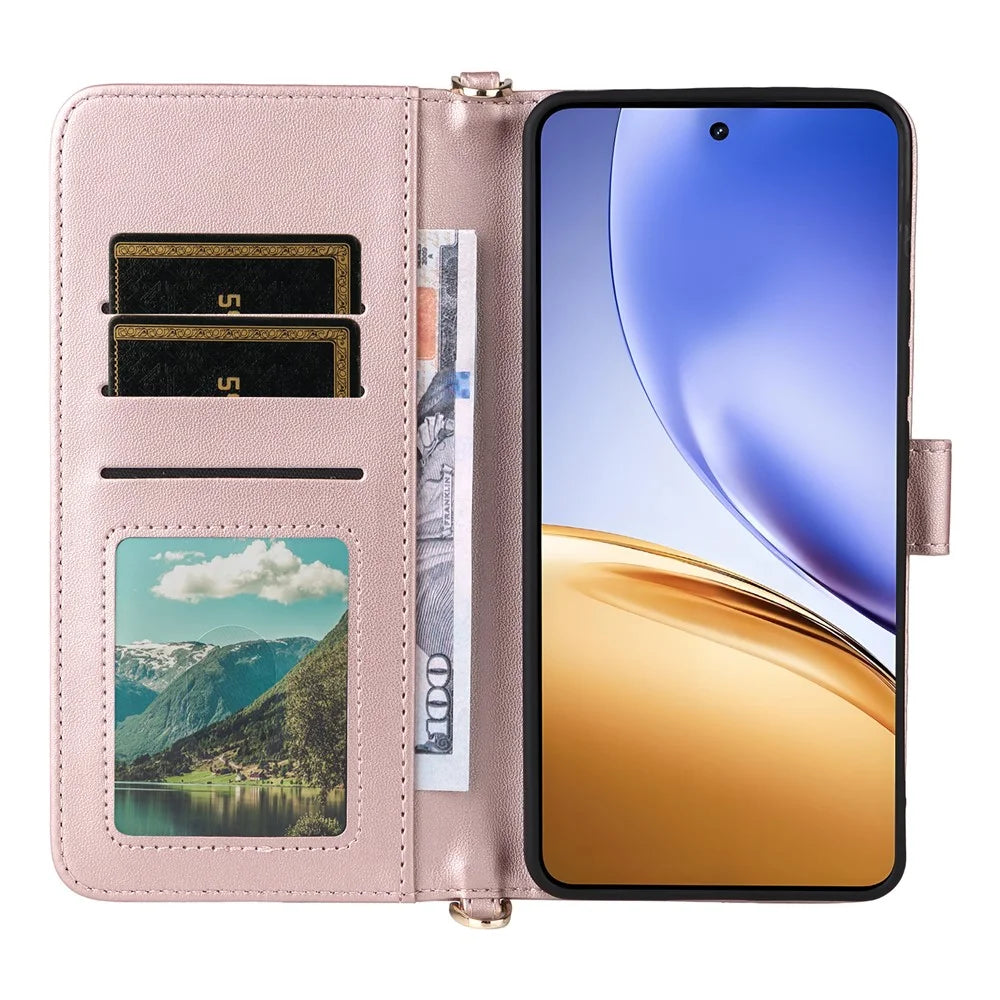 For Realme 14T 5G / 14 5G Case with Shoulder / Wrist Strap Leather Phone Cover Stand Wallet - Pink - 4