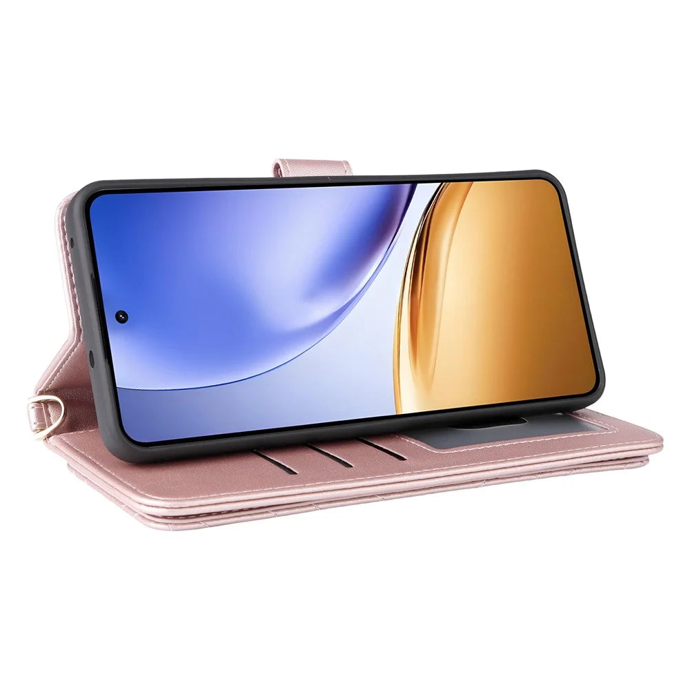 For Realme 14T 5G / 14 5G Case with Shoulder / Wrist Strap Leather Phone Cover Stand Wallet - Pink - 5