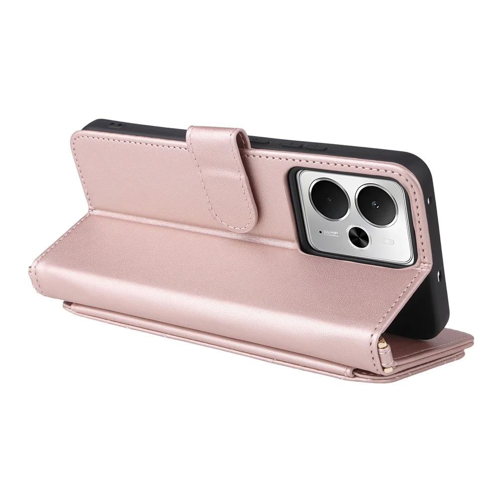 For Realme 14T 5G / 14 5G Case with Shoulder / Wrist Strap Leather Phone Cover Stand Wallet - Pink - 6