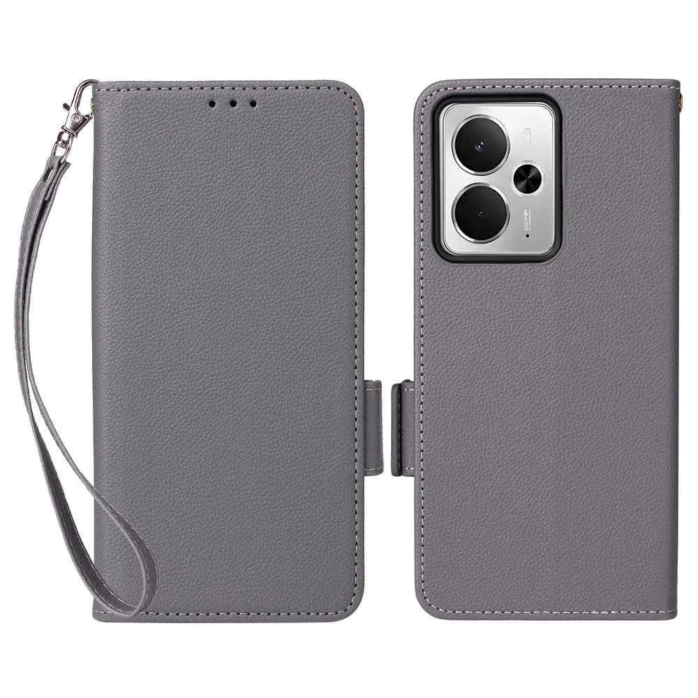 For Realme 14T 5G / 14 5G Case with Wrist Strap Litchi Texture PU Leather Wallet Phone Cover - Grey - 1