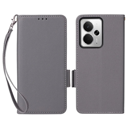 For Realme 14T 5G / 14 5G Case with Wrist Strap Litchi Texture PU Leather Wallet Phone Cover - Grey - 1