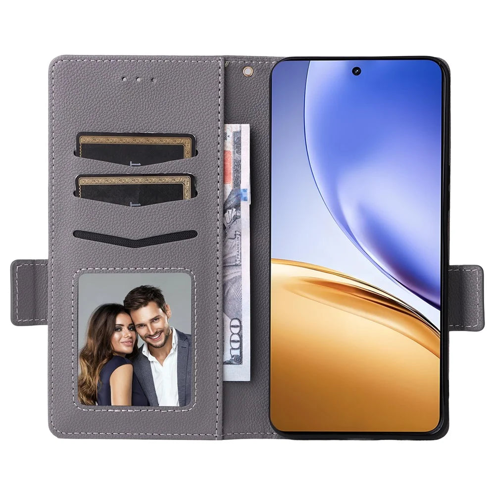For Realme 14T 5G / 14 5G Case with Wrist Strap Litchi Texture PU Leather Wallet Phone Cover - Grey - 2