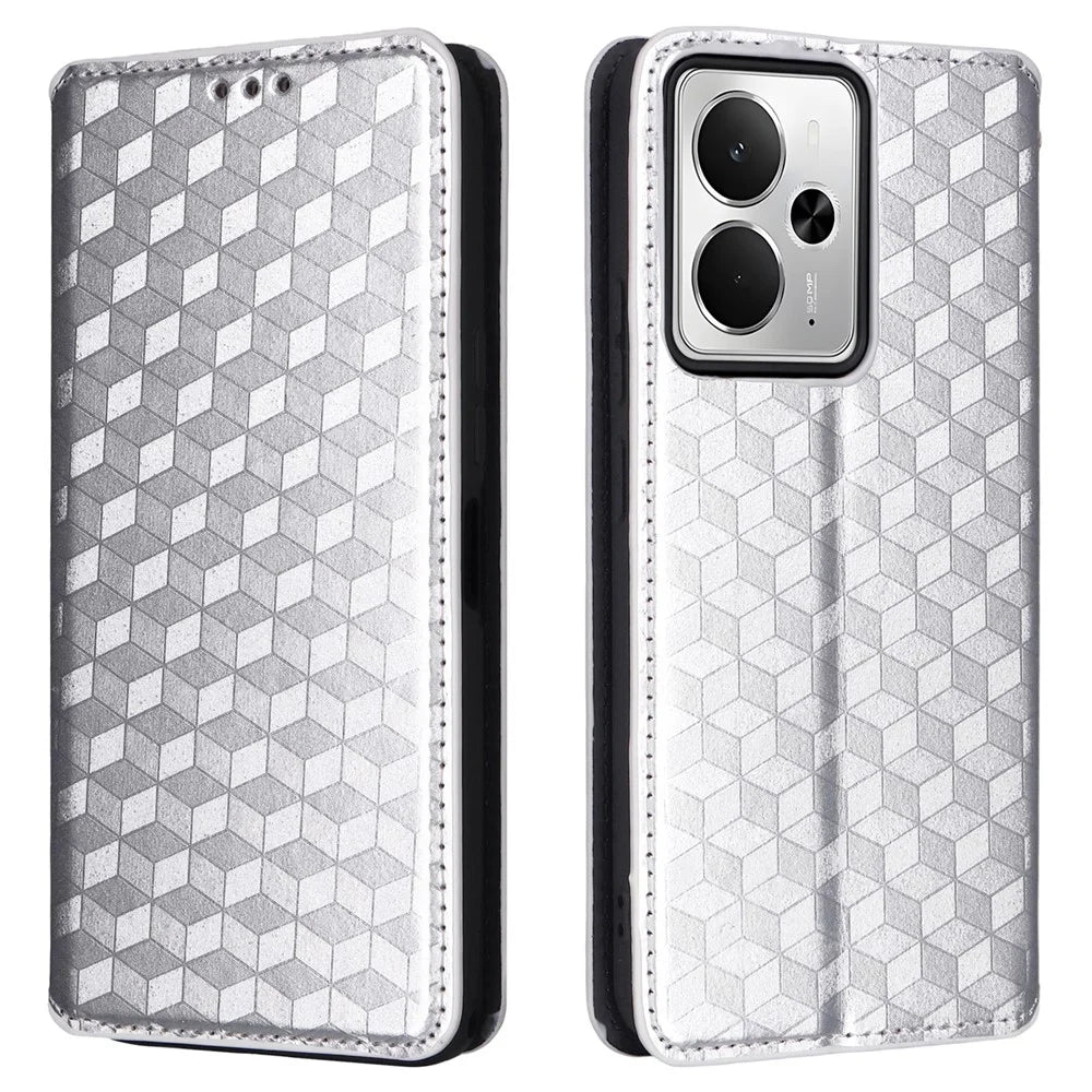 For Realme 14T 5G / 14 5G Case Wallet Rhombus Imprinted Leather Phone Cover - Silver - 1