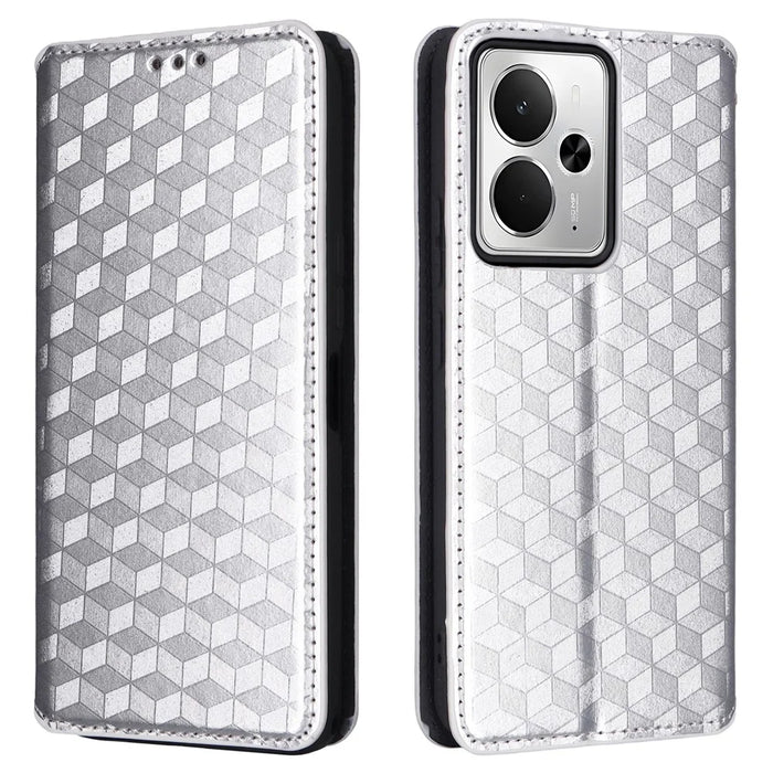 For Realme 14T 5G / 14 5G Case Wallet Rhombus Imprinted Leather Phone Cover - Silver - 1